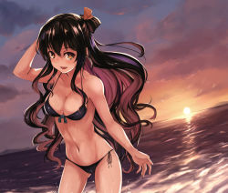 Rule 34 | 10s, 1girl, bikini, black hair, breasts, brown eyes, cleavage, cloud, dutch angle, gradient background, highres, kantai collection, long hair, maki (maki pei), multicolored hair, naganami (kancolle), navel, ocean, partially submerged, pink hair, side-tie bikini bottom, sky, solo, standing, sunset, swimsuit, two-tone hair, very long hair, wading, water, wavy hair, wet