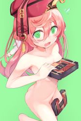 Rule 34 | 1girl, @ @, antlers, ass, bare shoulders, blush, book, breasts, covering breasts, covering crotch, covering privates, embarrassed, female focus, genshin impact, green background, green eyes, hair between eyes, hat, highres, holding, holding book, horns, huziiro matutya, looking at viewer, nude, open mouth, pink hair, simple background, small breasts, solo, sweatdrop, wavy mouth, yanfei (genshin impact)