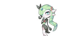 Rule 34 | 1girl, alternate hairstyle, arm at side, asymmetrical hair, averting eyes, black skin, blue eyes, blush, breasts, bright pupils, colored skin, cosplay, creatures (company), drunkoak, earpiece, female focus, game freak, gardevoir, gardevoir (cosplay), gen 3 pokemon, gen 5 pokemon, green hair, hair over one eye, half-closed eyes, hand up, highres, knees together feet apart, legendary pokemon, long hair, looking to the side, meloetta, meloetta (aria), multicolored skin, mythical pokemon, nervous, nintendo, o3o, one eye covered, pokemon, pokemon (creature), simple background, small breasts, solo, standing, sweat, tape, transparent background, two-tone skin, very long hair, white pupils, white skin