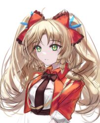 Rule 34 | 1girl, arknights, black bow, black necktie, blonde hair, bow, bowtie, commentary request, feather hair, green eyes, hair bow, highres, jacket, kiwicci, long hair, mole, mole under eye, necktie, official alternate costume, orange pupils, parted lips, pinecone (arknights), pinecone (sing a song) (arknights), red bow, red jacket, shirt, solo, twintails, white shirt