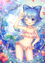 Rule 34 | 1girl, ;d, bikini, blue bow, blue hair, blue sky, bow, cirno, cloud, coa (chroo x), collarbone, commentary request, day, flower, frilled bikini, frills, hair bow, hand on own hip, ice, ice wings, navel, one eye closed, open mouth, palm tree, petals, short hair, sky, smile, solo, standing, sunlight, swimsuit, touhou, tree, water, wings