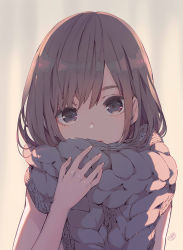 Rule 34 | 1girl, bare arms, brown background, brown eyes, brown hair, brown scarf, enpera, fingernails, gin (oyoyo), head tilt, highres, light smile, long hair, looking at viewer, multicolored hair, original, parted lips, scarf, signature, simple background, solo, streaked hair, upper body
