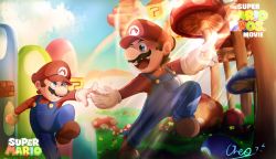 Rule 34 | 2boys, ? block, blue eyes, brown hair, day, dual persona, facial hair, gloves, grin, hat, highres, hill, holding hands, mario, mario (series), multiple boys, mushroom, mustache, nintendo, overalls, pointing, smile, sunlight, super mario bros. 1, the super mario bros. movie