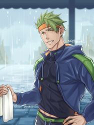 Rule 34 | 1boy, absurdres, achilles (fate), black shirt, fate/grand order, fate (series), green hair, grin, hand on own hip, headband, highres, holding, holding towel, hood, hood down, hooded jacket, jacket, looking at viewer, male focus, midriff peek, rain, shirt, short hair, smile, solo, tight clothes, tight shirt, towel, track jacket, wet, yaekaidou, yellow eyes