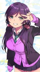 Rule 34 | 1girl, black skirt, breasts, cardigan, clenched teeth, collared shirt, duke (inu daimyou), green eyes, green necktie, hair ornament, hair scrunchie, large breasts, long hair, long sleeves, looking at viewer, love live!, love live! school idol project, low twintails, necktie, pink cardigan, pink scrunchie, pleated skirt, purple eyes, school uniform, scrunchie, shirt, skirt, sleeves past fingers, sleeves past wrists, smile, solo, striped necktie, teeth, tojo nozomi, twintails, v, white shirt