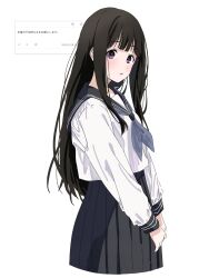 Rule 34 | 1girl, black hair, blush, chitanda eru, commentary request, cropped legs, dated, from side, highres, hyouka, long hair, looking at viewer, parted lips, purple eyes, school uniform, sidelocks, solo, to9 722, translation request, twitter, v arms, white background