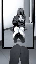 Rule 34 | 1girl, absurdres, arm support, bob cut, cellphone, clothes writing, covered mouth, female pov, fingernails, full-length mirror, greyscale, highres, holding, holding phone, hood, hood down, hoodie, indoors, leaning back, legs together, long sleeves, mask, medium hair, miniskirt, monochrome, mouth mask, original, phone, pleated skirt, pov, pov legs, print hoodie, reclining, selfie, sitting, skirt, smartphone, socks, soles, solo, tile floor, tiles, yukiyoshi mamizu