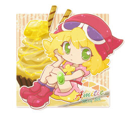 Rule 34 | 1girl, amitie (puyopuyo), bad hands, birthday, blonde hair, border, brown background, character name, chibi, chibi only, closed mouth, cupcake, dessert, flower, flower brooch, food, full body, green eyes, green wristband, hand on own leg, hand up, hat, hood, hoodie, hurin1192, ice cream spoon, icing, knees up, light frown, looking to the side, medium hair, no fingers, on plate, outline, outside border, pink hoodie, pointy hat, purple socks, puyopuyo, puyopuyo 20th anniversary, red footwear, red hat, shoes, shorts, sideways glance, sitting, sleeveless, sleeveless hoodie, socks, solo, spoon, striped background, swept bangs, three quarter view, wafer stick, white border, white outline, yellow flower, yellow shorts