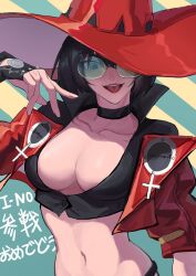 Rule 34 | 1girl, black choker, black gloves, breasts, character name, choker, collarbone, cropped jacket, enryoooo, glasses, gloves, green-tinted eyewear, guilty gear, guilty gear strive, hat, highres, i-no, jacket, large breasts, looking at viewer, midriff, navel, open mouth, red jacket, short hair, solo, stomach, sunglasses, tinted eyewear, tongue, tongue out, venus symbol, witch hat