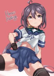 Rule 34 | 1girl, ahoge, akebono (kancolle), akebono kai ni (kancolle), bell, black thighhighs, blue skirt, blush, closed mouth, green sailor collar, hair bell, hair between eyes, hair ornament, highres, jingle bell, kantai collection, long hair, looking at viewer, pink background, pleated skirt, puddinghomhom, purple eyes, purple hair, sailor collar, school uniform, serafuku, short sleeves, side ponytail, signature, skirt, solo, thighhighs