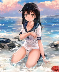 Rule 34 | 10s, 1girl, absurdres, ahoge, beach, black hair, breasts, cleavage, day, highres, kantai collection, large breasts, long hair, maki (maki pei), md5 mismatch, outdoors, panties, resolution mismatch, school uniform, serafuku, sitting, solo, source smaller, underwear, ushio (kancolle), wariza, wet, wet clothes