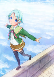 Rule 34 | 1girl, anime coloring, black thighhighs, blue eyes, blue hair, cloud, day, from above, hair ornament, highres, leaf, leaf hair ornament, looking at viewer, looking up, matching hair/eyes, nicca (kid nicca), original, outstretched arms, pleated skirt, school uniform, shoes, short hair, skirt, sky, solo, spread arms, thighhighs, walking, zettai ryouiki