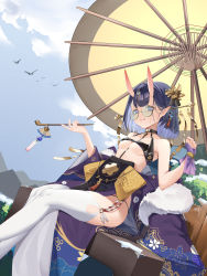 Rule 34 | 1girl, absurdres, bare shoulders, bench, between breasts, blue sky, bob cut, bracelet, breasts, choker, cloud, cloudy sky, dutch angle, fate/grand order, fate (series), feet out of frame, fence, floral print, flower, fur scarf, glasses, hair flower, hair ornament, hair ribbon, headpiece, highres, holding, holding smoking pipe, horns, japanese clothes, jewelry, kimono, licking lips, long sleeves, looking at viewer, mountainous horizon, obi, oil-paper umbrella, oni, panties, pointy ears, purple eyes, purple hair, purple kimono, revealing clothes, ribbon, round eyewear, sash, short eyebrows, short hair, shuten douji (fate), side slit, sitting, skin-covered horns, sky, small breasts, smoking pipe, snow, solo, string panties, talisman, thighhighs, tongue, tongue out, umbrella, underboob, underwear, wide sleeves, wrist cuffs, yog (1598125441)