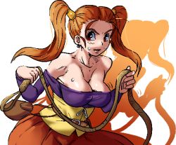 Rule 34 | blush, breasts, brown hair, cleavage, dragon quest, jessica albert, looking at viewer, marnic, red eyes, sweat, twintails, whip