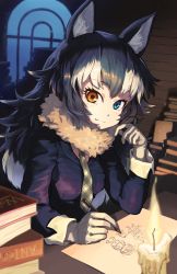 Rule 34 | 3girls, animal ear fluff, animal ears, blue eyes, blue jacket, blush, book, candle, commentary request, drawing, fur collar, gloves, grey hair, grey wolf (kemono friends), heterochromia, highres, jacket, kaban (kemono friends), kemono friends, long hair, long sleeves, looking at viewer, lucky beast (kemono friends), melaton, multicolored hair, multiple girls, necktie, pencil skirt, plaid necktie, plaid neckwear, serval (kemono friends), sitting, skirt, sleeve cuffs, white fur, white gloves, white hair, wolf ears, wolf girl, yellow eyes