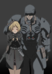 Rule 34 | 1boy, 1girl, armor, black armor, black gloves, blonde hair, chinese commentary, commission, faceless, faceless male, garrison cap, gas mask, girls&#039; frontline, gloves, gun, hat, headpat, height difference, helmet, highres, jin-roh, jin roh, kerberos saga, long sleeves, mask, md5 mismatch, military, military uniform, mp40, mp40 (girls&#039; frontline), necktie, pixiv commission, resolution mismatch, shirt, short hair, simple background, source smaller, submachine gun, triangle bullet, uniform, unworn hat, unworn headwear, weapon