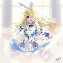 Rule 34 | 1girl, ;d, alice in wonderland, animal, apron, blonde hair, blue dress, blue eyes, blue sleeves, blush, bow, breasts, chihuahua, commentary request, dated, detached sleeves, dog, dress, floating hair, frilled apron, frills, hair ribbon, hairband, has bad revision, has cropped revision, holding, long hair, md5 mismatch, mole, mole under eye, one eye closed, open mouth, pocket watch, puffy short sleeves, puffy sleeves, resolution mismatch, ribbon, sanbasou, see-through, short sleeves, signature, small breasts, smile, solo, source smaller, strapless, strapless dress, thigh gap, very long hair, waist apron, watch, white apron, white hairband, white ribbon