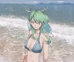 Rule 34 | 1girl, antlers, beach, bikini, bikini top only, blue bikini, blue sky, breasts, ceres fauna, ceres fauna (1st costume), cloud, commentary, earrings, english commentary, flower, green hair, hair flower, hair ornament, highres, hololive, hololive english, horns, jewelry, long hair, looking at viewer, medium breasts, mole, mole under eye, navel, o22no, outdoors, sky, solo, swimsuit, teeth, virtual youtuber, waves, white flower, yellow eyes