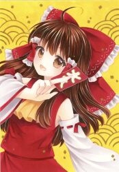 Rule 34 | 1girl, :d, ahoge, arm up, ascot, bare shoulders, between fingers, bow, brown eyes, brown hair, commentary request, detached sleeves, frilled bow, frilled hair tubes, frills, hair bow, hair tubes, hakurei reimu, highres, holding, long hair, long sleeves, looking at viewer, marker (medium), ofuda, open mouth, red bow, red skirt, red vest, skirt, skirt set, smile, solo, touhou, traditional media, vest, wide sleeves, yellow ascot, yellow background, yuuki hana (jtnp5334)