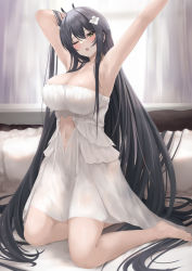 Rule 34 | 1girl, :o, absurdres, arm behind head, armpits, arms up, azur lane, bare legs, bed, black hair, blush, breasts, cleavage, clothing cutout, curtains, dress, feet, flower, hair between eyes, hair flower, hair ornament, highres, huge breasts, indomitable (azur lane), kneeling, long hair, looking at viewer, navel cutout, one eye closed, open mouth, pillow, sidelocks, solo, strapless, strapless dress, thighs, urabesunahito, very long hair, white dress, yellow eyes