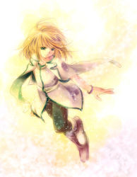 Rule 34 | 00s, 1boy, ahoge, bishounen, blonde hair, blue eyes, boots, bracelet, cape, full body, gradient background, jewelry, male focus, mio (yumehikou), mithos yggdrasill, pants, short hair, smile, solo, sparkle, tales of (series), tales of symphonia