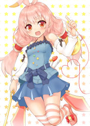 Rule 34 | 1girl, animal ears, bare shoulders, blush, chiroshiron, detached sleeves, fake animal ears, fang, gradient background, hair ornament, heart, heart of string, highres, long hair, long sleeves, looking at viewer, low twintails, needle, open mouth, original, rabbit ears, red eyes, red hair, sash, shirt, simple background, skirt, skirt set, smile, solo, star (symbol), string, string of fate, striped clothes, striped thighhighs, thighhighs, thighs, twintails, zettai ryouiki