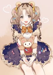 Rule 34 | 1girl, :d, animal ears, bear ears, beige background, booota, bow, bowtie, brown eyes, brown hair, doll, hair bow, hair ribbon, hairband, heart, highres, ichikawa hinana, idolmaster, idolmaster shiny colors, long hair, looking at viewer, on floor, open mouth, puffy short sleeves, puffy sleeves, ribbon, short sleeves, sitting, smile, solo, stuffed toy, wrist cuffs