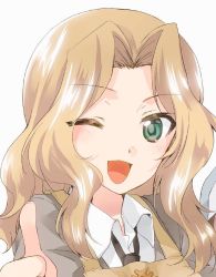 Rule 34 | 10s, 1girl, :d, apron, black necktie, blazer, blonde hair, blouse, blue eyes, commentary request, dress shirt, girls und panzer, grey jacket, hair intakes, jacket, kay (girls und panzer), kuroi mimei, long hair, long sleeves, looking at viewer, necktie, one eye closed, open mouth, portrait, saunders school uniform, school uniform, shirt, simple background, smile, solo, thumbs up, white background, white shirt