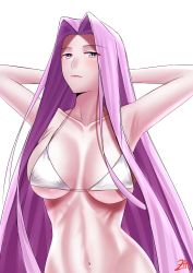 Rule 34 | 1girl, absurdres, armpits, arms behind head, arms up, bare shoulders, bikini, blush, breasts, cleavage, collarbone, fate/stay night, fate (series), female focus, forehead, highres, large breasts, long hair, looking at viewer, matching hair/eyes, medusa (fate), medusa (rider) (fate), navel, parted bangs, purple eyes, purple hair, sidelocks, skindentation, solo, square pupils, swimsuit, underboob, very long hair, white bikini, zinfian