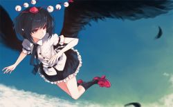 Rule 34 | 1girl, above clouds, bird wings, black hair, black necktie, black skirt, black socks, black wings, closed mouth, cloud, day, dress shirt, feathers, flying, frilled skirt, frills, geta, hat, looking away, necktie, pointy ears, pokan (xz1128), pom pom (clothes), puffy short sleeves, puffy sleeves, red eyes, shameimaru aya, shirt, short hair, short sleeves, skirt, smile, socks, solo, tengu-geta, tokin hat, touhou, white shirt, wings