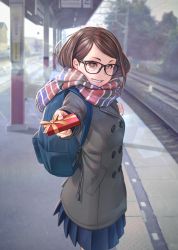 Rule 34 | 1girl, backpack, bag, black-framed eyewear, black scarf, blue skirt, brown eyes, brown hair, clip studio paint (medium), coat, enpera, gift, glasses, grey coat, hair ornament, hairclip, highres, holding, holding gift, incoming gift, kobu ride, looking at viewer, multicolored clothes, multicolored scarf, open mouth, original, outdoors, pleated skirt, purple scarf, red scarf, scarf, skirt, smile, solo, striped clothes, striped scarf, teeth, train station, tree, upper body, valentine