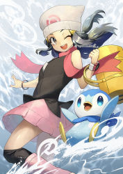 Rule 34 | 1girl, ;d, bag, beanie, black hair, boots, bracelet, clenched hand, commentary request, creatures (company), dawn (pokemon), duffel bag, eyelashes, floating hair, floating scarf, game freak, gen 4 pokemon, grey eyes, hands up, hat, highres, jewelry, long hair, nintendo, one eye closed, open mouth, over-kneehighs, pink footwear, pink scarf, pink skirt, piplup, pokemon, pokemon (creature), pokemon dppt, scarf, shiny skin, shirt, skirt, sleeveless, sleeveless shirt, smile, teeth, thighhighs, tongue, upper teeth only, water, white headwear, yamanashi taiki, yellow bag