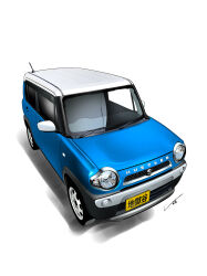 Rule 34 | absurdres, blue car, car, commentary, from above, headlight, highres, license plate, motor vehicle, no humans, original, rear-view mirror, shadow, signature, simple background, sports utility vehicle, suzuki (company), suzuki hustler, vehicle focus, white background, yasu (pixiv), yurucamp