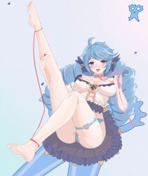 Rule 34 | 1girl, :p, absurdres, ahoge, ass, bare legs, barefoot, black bow, black dress, blue panties, bow, dress, drill hair, green hair, grey dress, gwen (league of legends), hair bow, hand up, highres, holding, knee up, league of legends, leg up, long hair, nipples, no legwear, panties, quan mao zi, ribbon, solo, thigh strap, tongue, tongue out, twin drills, twintails, underwear