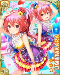 Rule 34 | 2girls, bracelet, card, character name, closed mouth, dancing, flower, girlfriend (kari), hair flower, hair ornament, idol clothes, jewelry, multiple girls, official art, open mouth, outdoors, petals, pink eyes, pink hair, qp:flapper, raised arm, side ponytail, smile, takara sora, takara umi