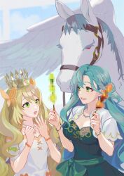 Rule 34 | 2girls, blonde hair, blue hair, bridle, butterfly hair ornament, celine (fire emblem), censored, censored food, chloe (fire emblem), commentary, crown, dress, fire emblem, fire emblem engage, food, green eyes, hair ornament, highres, holding, holding food, jewelry, long hair, looking at another, mikami, multiple girls, necklace, nintendo, pegasus, sexually suggestive, smile, very long hair, wavy hair