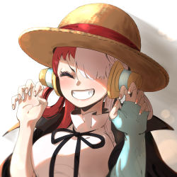 Rule 34 | 1girl, absurdres, closed eyes, grin, hair over one eye, hair rings, hat, headphones, highres, multicolored hair, one piece, one piece film: red, red hair, single sleeve, smile, split-color hair, straw hat, taiju (gr09kuma), two-tone hair, uta (one piece), white background, white hair