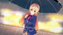 Rule 34 | absurdres, highres, holding, holding umbrella, nakiri erina, purple eyes, rain, shokugeki no souma, smile, umbrella, yue (artist)