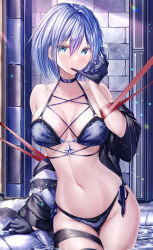 1girl biting black_gloves blue_bra blue_eyes blue_hair blue_panties blue_ribbon blush bra breasts cleavage clothes_down collarbone biting_glove gloves highres large_breasts lingerie looking_at_viewer meen_(ouaughikepdvrsf) navel original panties red_ribbon ribbon short_hair solo standing underwear