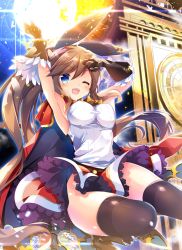 Rule 34 | &gt;:d, 10s, 1girl, :d, ;d, arm up, armpits, bangle, bare shoulders, black gloves, black ribbon, black thighhighs, blue eyes, blush, boots, bracelet, breasts, brown footwear, brown hair, cape, clarisse (granblue fantasy), clock, clock tower, clothes lift, diffraction spikes, floating hair, gloves, glowing, granblue fantasy, hair ribbon, hand up, jewelry, jumping, lace, lace-trimmed skirt, lace trim, long hair, looking at viewer, medium breasts, miniskirt, nanamomo rio, one eye closed, open mouth, petals, ponytail, red cape, red skirt, ribbon, sidelocks, skirt, skirt lift, sleeveless, smile, solo, sparkle, teeth, thighhighs, tower, v-shaped eyebrows, very long hair