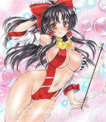 Rule 34 | 1girl, adapted costume, ahoge, arm behind head, arm up, artist name, ascot, at classics, black hair, blush, bow, breasts, brown eyes, bubble background, closed mouth, covered erect nipples, cowboy shot, detached sleeves, gluteal fold, gohei, groin, hair bow, hair tubes, hakurei reimu, holding, large breasts, leotard, long hair, looking at viewer, navel, race queen, red bow, sample watermark, shide, sidelocks, smile, solo, thigh gap, touhou, traditional media, watermark