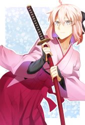 Rule 34 | 1girl, ahoge, breasts, fate (series), grey eyes, japanese clothes, kimono, koha-ace, okita souji (fate), okita souji (koha-ace), pink hair, short hair, sword, weapon