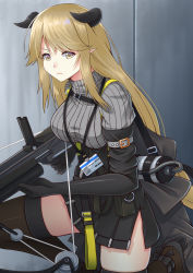 Rule 34 | 1girl, arknights, black footwear, black gloves, black skirt, blonde hair, bow (weapon), breasts, commentary request, crossbow, elbow gloves, gloves, grey sweater, high-waist skirt, high heels, highres, holding, holding bow (weapon), holding crossbow, holding weapon, horns, id card, long hair, looking at viewer, medium breasts, meteorite (arknights), miniskirt, partial commentary, pointy ears, ribbed sweater, sano souichi, skirt, solo, sweater, thighhighs, thighs, turtleneck, turtleneck sweater, very long hair, weapon, yellow eyes, zettai ryouiki