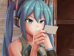 Rule 34 | 1girl, :&lt;, american psycho, window blinds, blue eyes, blue hair, business card, collarbone, collared shirt, dated, detached sleeves, digiral, frown, hatsune miku, headphones, highres, holding, indoors, long hair, long sleeves, nail polish, parody, shelf, shirt, sleeveless, sleeveless shirt, solo, squinting, twintails, v-shaped eyebrows, vocaloid