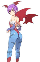 Rule 34 | 1girl, animal print, ass, back, bare back, bare shoulders, bat print, bat wings, blue pantyhose, bridal gauntlets, capcom, elbow gloves, flat chest, from behind, gloves, head wings, jpeg artifacts, kneepits, leotard, lilith aensland, looking back, morisawa haruyuki, pantyhose, patterned legwear, pink hair, print pantyhose, purple hair, red footwear, red leotard, shoes, short hair, simple background, solo, steepled fingers, thighs, vampire (game), white background, wings