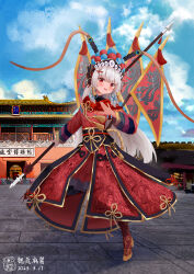 Rule 34 | 1girl, absurdres, beijing, blue sky, brown footwear, child, china, chinese clothes, chinese commentary, date shichuan majiang, dress, forbidden city, fur trim, headdress, highres, holding, holding polearm, holding weapon, kuitou, original, peacock feathers, peking opera, polearm, red dress, sky, standing, standing on one leg, weapon, white hair