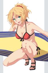 1girl absurdres bare_shoulders bikini blonde_hair blush braid breasts cleavage collarbone das_(dan_dan) fate/grand_order fate_(series) green_eyes highres long_hair looking_at_viewer medium_breasts mordred_(fate) mordred_(fate)_(all) mordred_(swimsuit_rider)_(fate) mordred_(swimsuit_rider)_(first_ascension)_(fate) navel open_mouth parted_bangs ponytail prydwen_(fate) red_bikini sandals sidelocks smile solo surfboard swimsuit thighs