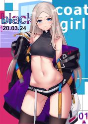 Rule 34 | 1girl, :&lt;, arm behind back, bare shoulders, belt, black choker, black coat, black gloves, black shirt, black shorts, black thighhighs, blue eyes, breasts, choker, coat, commentary request, covered collarbone, cowboy shot, crop top, dated, english text, eol 9, gloves, groin, halterneck, hand up, highres, hood, hooded coat, long hair, looking at viewer, medium breasts, micro shorts, midriff, multicolored background, navel, off-shoulder coat, off shoulder, original, parted bangs, shirt, shorts, sidelocks, silver hair, skindentation, solo, taut clothes, thighhighs, white belt