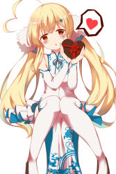 Rule 34 | 1girl, absurdres, ahoge, azur lane, blonde hair, blush, boots, bow, brown eyes, candy, chocolate, chocolate heart, commentary request, detached sleeves, dress, eldridge (azur lane), facial mark, food, gift wrapping, hair ornament, head tilt, heart, heart ahoge, highres, holding, holding food, long hair, long sleeves, looking at viewer, mola mola, parted lips, pelvic curtain, red bow, red ribbon, ribbon, side slit, sitting, sleeveless, sleeveless dress, solo, spoken heart, thigh boots, thighhighs, twintails, valentine, very long hair, white dress, white footwear, white thighhighs