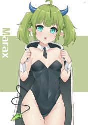 Rule 34 | 1girl, :o, absurdres, ahoge, bare shoulders, black leotard, black necktie, blue eyes, blush, breasts, cape, character name, collar, commentary, copyright request, cowboy shot, curled horns, demon girl, demon horns, demon tail, detached collar, fang, gluteal fold, green background, green hair, grey cape, groin, hands up, highres, horns, leotard, looking at viewer, medium breasts, necktie, parted lips, short necktie, signature, solo, strapless, strapless leotard, tail, twintails, two-tone background, white background, white collar, wing collar, wrist cuffs, ying jing meng
